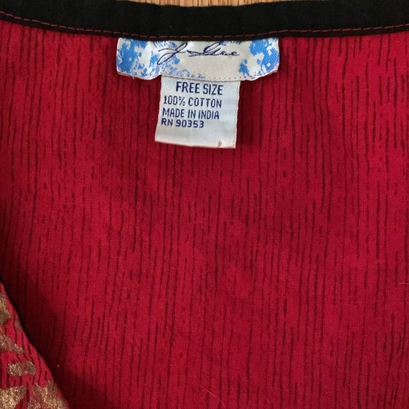 New Made in India Red Black & Gold Cotton “Free Size” V-Neck Dress w/Side Slits - Picture 3 of 11